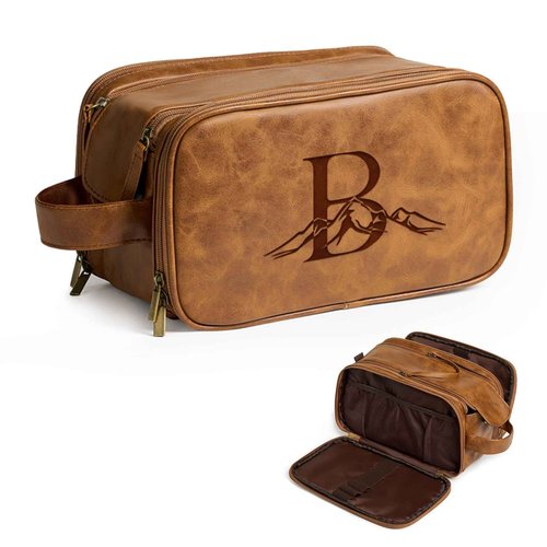 Janhavi Personalized Toiletry Bag for Men, Beach Vacation Travel Essentials, Waterproof Toiletry Bag with Hook, Laser Engraved Initials & Mountain, Birthday Gifts For Him (Brown B)