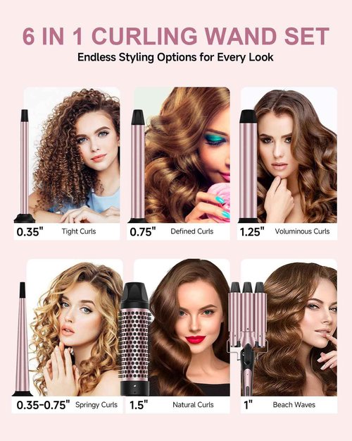 6 in 1 Wand Curling Iron, 3 Barrel Curling Iron Set with Thermal Brush (1.5") and 5 Interchangeable Ceramic Wand Curler (0.35"-1.25"), 2 Temp Heating Setting, Halloween Christmas Gifts for Women