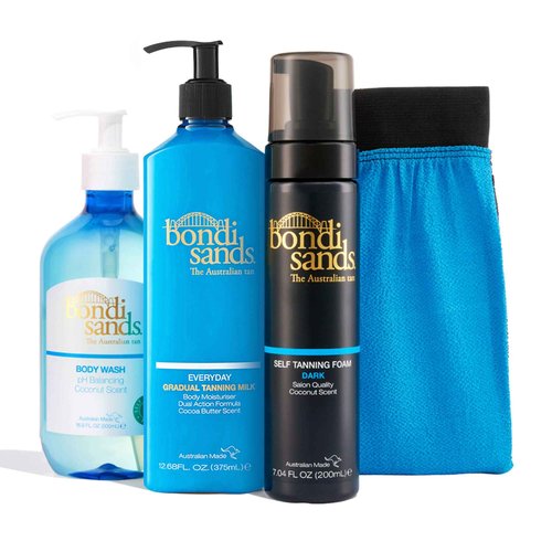Bondi Sands Staycation Bundle | With Coconut Body Wash, Gradual Tanning Milk, Dark Self Tan Foam, and Exfoliation Mitt for a Flawless Base ($65 Value)