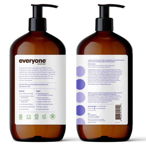 Bundle of Everyone 3-in-1 Soap, Body Wash, Bubble Bath, Shampoo, 32 Ounce (Pack of 2), Lavender and Aloe+ Everyone Nourishing Hand and Body Lotion, 32 Ounce (Pack of 2), Lavender and Aloe