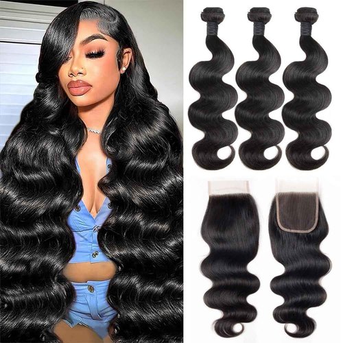DDODLA Body Wave Bundles with Closure Human Hair 18 20 22 + 16 Inch Brazilian Human Hair 3 Bundles with 4x4 HD Lace Closure Part 12A Grade 100% Unprocessed Virgin Hair