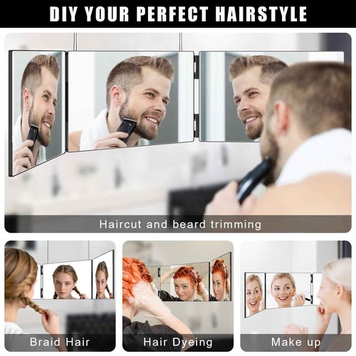 OLIBUY 3 Way Mirror for Hair Cutting, Three Way Mirror for Shaver and Makeup, Height Adjustable with Two Hold Nails, 360 Viewing Angle, Clear Anti-Fog HD Glass
