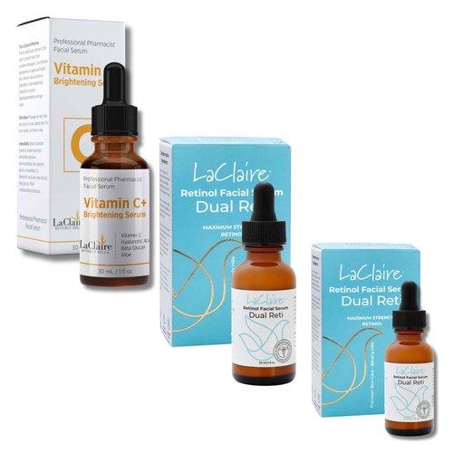 LaClaire Skincare Duo: 2 Units of 8% Complex Retinol Face Serum 15ml & 30ml + Vitamin C Plus Serum 30ml - Anti-Aging, Brightening, Firming, Smoothing