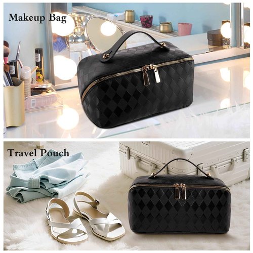 Abiudeng Travel Makeup Bag,Large Capacity Toiletry Bag Cosmetic Bags for Travel Essentials,Waterproof Portable Pouch Open Flat Makeup bag Organizer with Divider and Handle-black rhombus