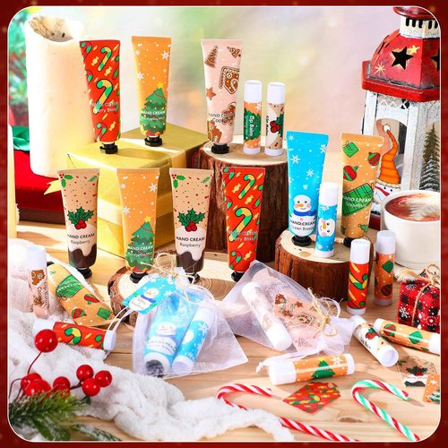 Loopeer 48 Sets/192 Pcs Christmas Hand Cream and Lip Balm Gift Set for Women Bulk Mini Hand Lotion Travel Size for Dry Skin Stocking Stuffers with Greeting Card Organza Bags for Coworker Employee