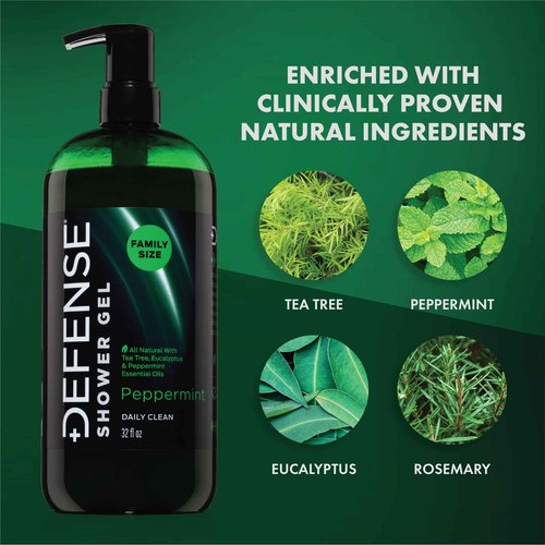 Defense Soap Peppermint Body Wash 32 oz with Tea Tree & Eucalyptus Oils + Silicone Body Scrubber & Shower Hook | Natural Antifungal Shower Gel & Exfoliating Set for Athletes and Active Lifestyles