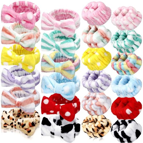 Janmini 36 Pcs Face Wash Spa Headband Set Women Winter Gift Facial Makeup and 12 Pcs Flannel Hairbands 24 Pcs Wristbands for Girls(Dot Stripe Leopard)