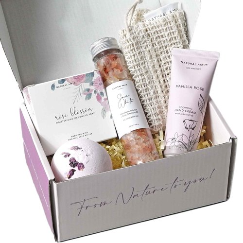 Rose Bath Spa Gift for Women,Handmade Spa gift for her, 5pc Bath & Body Gift Including Soap Bar, Hand Cream, Bath Salt, Soap Saver, Bath Bomb,Self Care Package by Natural Amor