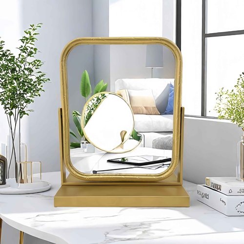 Deng YH Tabletop Vanity Mirror Adjustable Rotation Golden Metal Framed Gold Vanity Mirror, Room for Living Room,Bedroom,Tabletop,Bathroom.