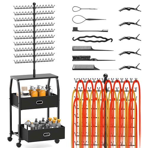XINTUO Portable Braiding Hair Rack with Wheels & Storage Drawers,280 Pegs Hair Extension Holder Hanger for Braiding Hair Separator Stand Display,Hair Rack with Stylist Hair braiding Tools(Black)