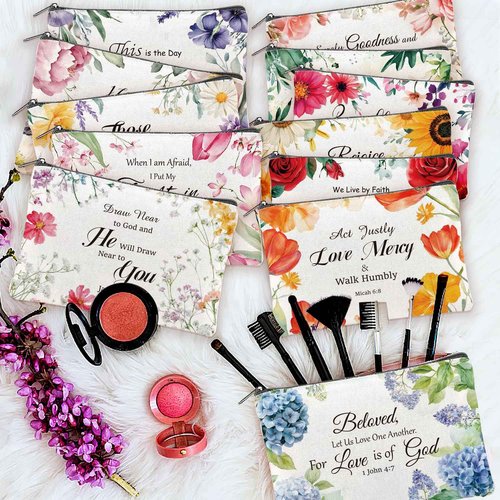 twinklemon 24PCS Christian Canvas Makeup Bags Bulk Inspirational Cosmetic Bags for Women Bible Verse Canvas Zipper Pouch Bulk Religious Makeup Organizer Bags Christian Gifts for Women(Flower)