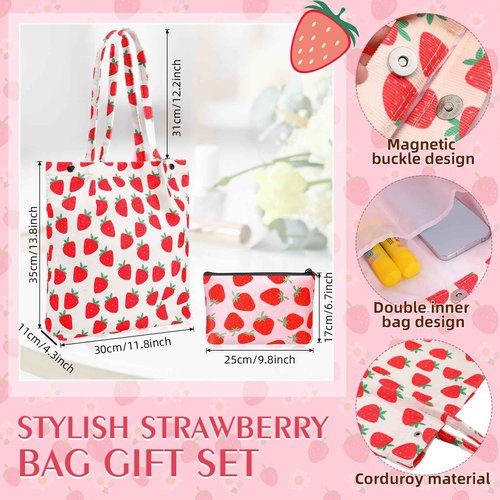 Bulyoou Strawberry Gift Set, Included 16oz Glass Cups with Lids and Straws Waterproof Travel Bag Pouch Strawberry Makeup Bag and Corduroy Tote for Women Christmas Birthday Mothers Day