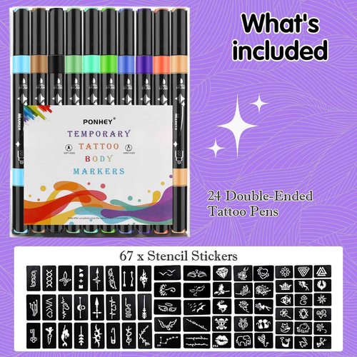 Ponhey Temporary Tattoo Markers for Skin, 24 Body Markers+67 Large Tattoo Stencils,Dual-End Tattoo Pens,Fine Lines with Cosmetic-Grade,Flexible, Skin-Safe Face Paint Kit for Kids Teenage Adults