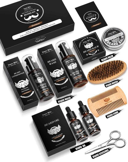 Beard Kit for Men Grooming & Care: with 2 Pack Beard Oils and Balm - Wash & Conditioner for After Shave Lotions Sandalwood, Brush and Comb Sets with Scissors, Valentines Fathers Gifts for Dad/Men/Him