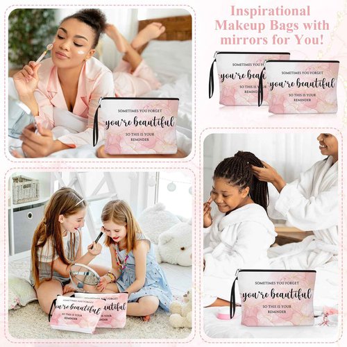 Beeveer 20 Sets Pink Thank You Gifts for Women, Makeup Bags and Compact Mirrors, Christmas Inspirational Gifts for Teacher Employee, Sometimes You Forget You're Beautiful Set for Holiday, Thanksgiving