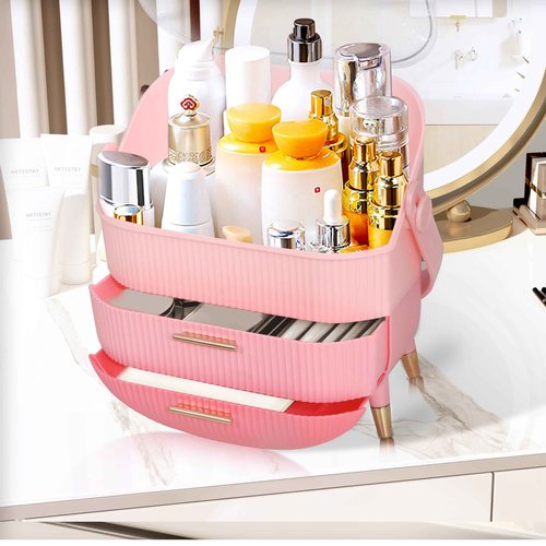 Ptesly Teen Girls Gift Makeup Organizer,Skincare Organizer Jewelry Storage,Cosmetics Storage and Display Case,Make Up Holders and Organizers for Countertop,Bathroom Organizer (Triple Pink)