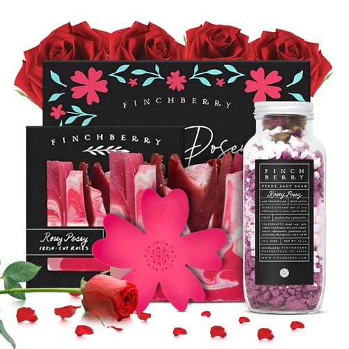 FinchBerry Rosey Posey Gift Set - Ideal Gifts Romantic Occasions, Anniversaries, Birthdays, Women’s Day, Housewarming, or Get Well Soon - Spa Gift Set With Handmade Soap, Fizzy Salt Soak & Soap Dish