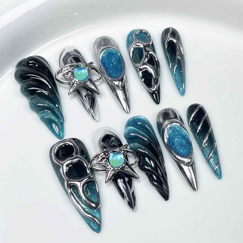 Wsliana Nails Handmade Press On Nails - Y2K 3D Embossed Design, Black and Blue, Long Stiletto Shape, 10pcs Glue On Acrylic Fake Nails with Storage Box | Salon Quality | Trendy Nail Kit (071, XS)