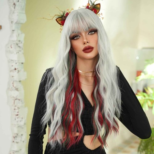 7JHH WIGS Long Curly Red Green Highlight Christmas Siler White Wigs Natural Heat Resistant Fibre Wet Wave Grey White Ombre Women Wigs for Holiday Festival Christmas Daily Party Daily Used