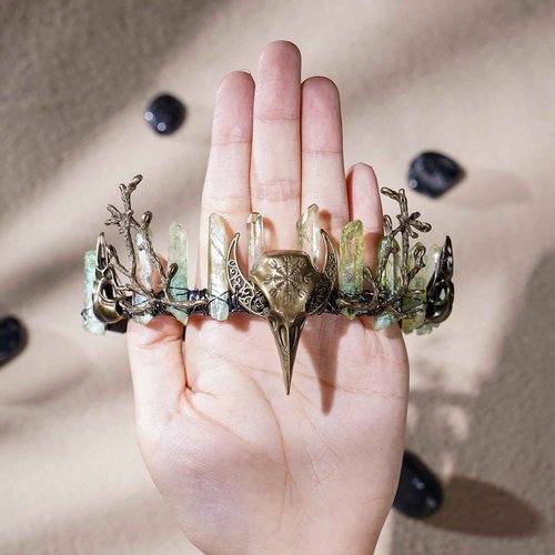 CoTeeZa Green Fairy Crystal Crown - Handmade Raw Quartz Tiara with Bronze Crow Branch Moon Elf Headpiece Fantasy Forest Witch Crown Wedding Renaissance Halloween Cosplay Woodland Headband