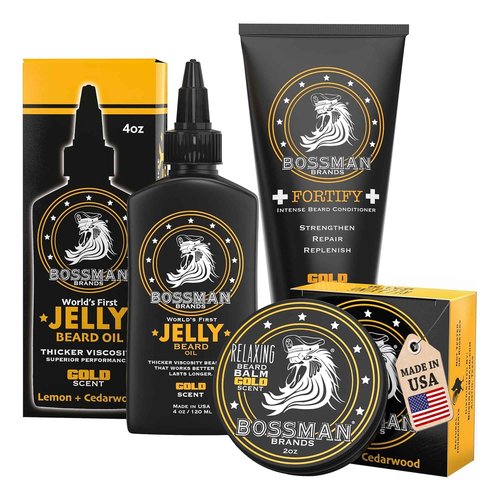 Bossman Essentials Beard Kit for Men, Set of 3 - Beard Oil Jelly, Fortifying Conditioner Cream, Beard Balm - Grooming Growth Care Accessories - Gift Set for Men (Gold)