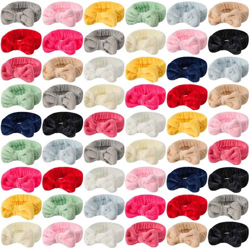 Tigeen 52 Pieces Spa Headband for Washing Face Bulk Soft Coral Fleece Skincare Headband, Bow Makeup Cosmetic Hairband Fluffy Shower Spa Essentials for Girls Women Slumber Supplies(Vivid,Solid Series)