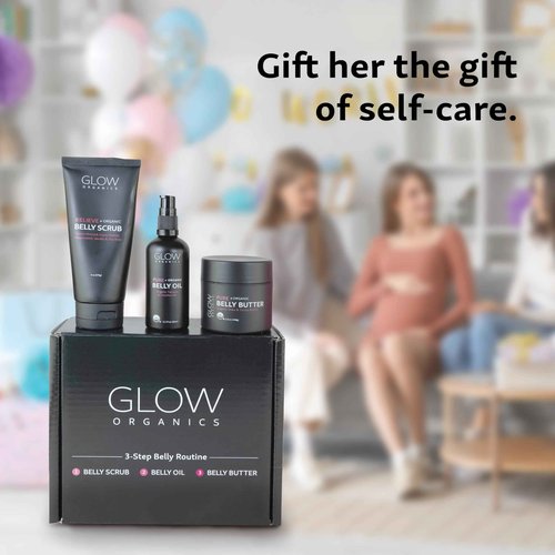 Glow Organics Stretch Mark Cream Belly Butter, Scrub and Oil, 3-Step Pregnancy Skin Care Kit, Belly Butter for Stretch Marks, Organic, Pregnancy & Baby Registry Must Haves, Mother To Be Gift.