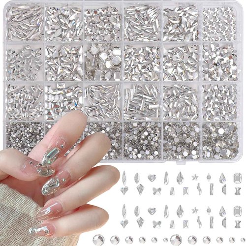 White Nail Art Rhinestones Kit, Multi Shapes Sizes Crystal Flatback Nail Gems Half Round Rhinestones for Nails, White Gems Crystals Rhinestone for Nails Art DIY Supplies Craft