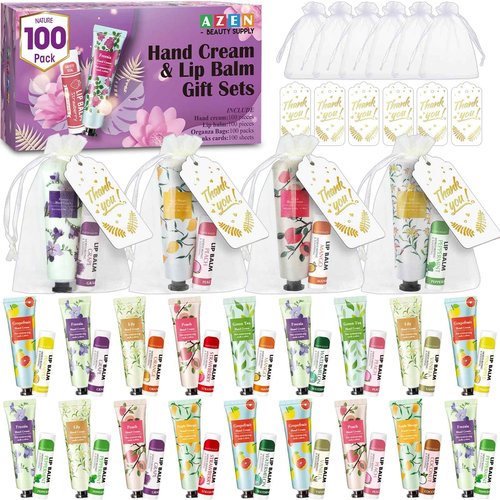 AZEN 100 Sets Bulk Gifts, Hand Cream and Lip Balm Bulk Set with Organza Bag Thank You Card, Baby Shower Wedding Gifts for Guests, Bridal Wedding Favors for Guests, Thank You Gifts for Women