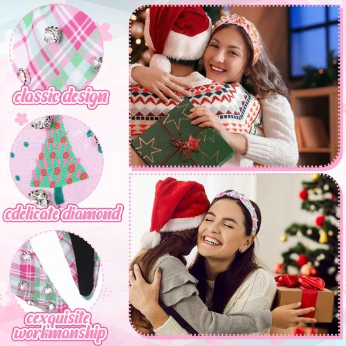 Jexine 6 Pcs Pink Christmas Knotted Headbands with Jeweled Rhinestones for Women Wide Snowflake Xmas Tree Headbands Candy Cane Cookies Gingerbread Hairbands Hair Accessories Party Supplies