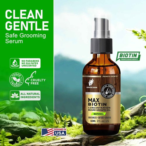 Beard Growth Oil for Men - Natural Biotin Beard Oil with Castor, Vitamin B5 & Grape Seed to Soften, Nourish & Thicken Facial Hair - Conditioning, Moisturizing Grooming Oil, 2oz Gift for Men, Unscented