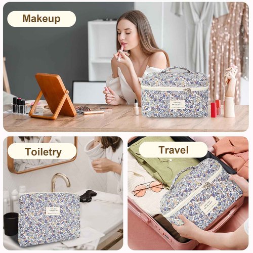 3Pcs Makeup Bag Cotton Quilted Travel Cosmetic Bag Cute Floral Makeup Pouch Large Toiletry Bag for Women Girls