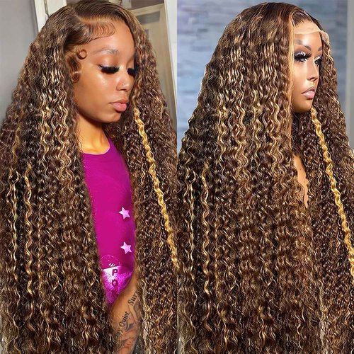VNFM Honey Blonde Ombre Lace Front Wig Human Hair 13x6 HD Highlight Deep Wave Lace Front Wigs Human Hair Pre Plucked 200% Density 4/27 Colored Curly Frontal Wigs for Women 24 Inch