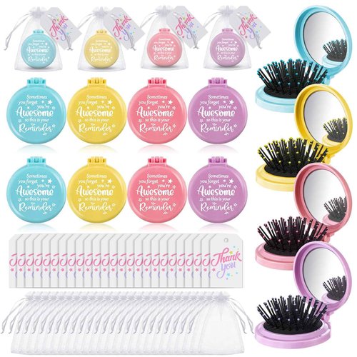 Cinnvoice 24 Pcs Employee Appreciation Gifts Bulk Folding Travel Brushes Sometimes You Forget You're Awesome Thank You Gifts Travel Mirror Hair Brush for Women Coworker Teacher Staff Team