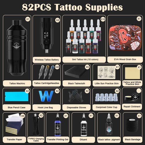 Beginners Tattoo Gun Machine Kit, Wireless Tattoo Pen Kits with 2Pcs Power Supply, Professional Complete Tattoo Supplies Set with 20Pcs Cartridge Needles for Starter (81Pcs)
