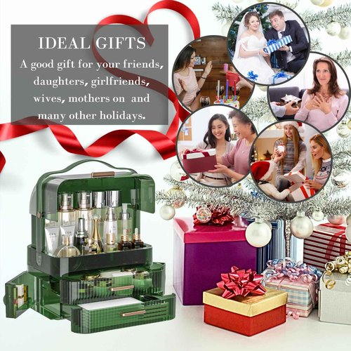 LINFIDITE Cosmetics Storage Box Transparent Lid Large Makeup Organizer Box Drawers Portable Handle Waterproof Dustproof Skincare Display Cases for Countertop, Bathroom, Dresser,Gift Clear Green
