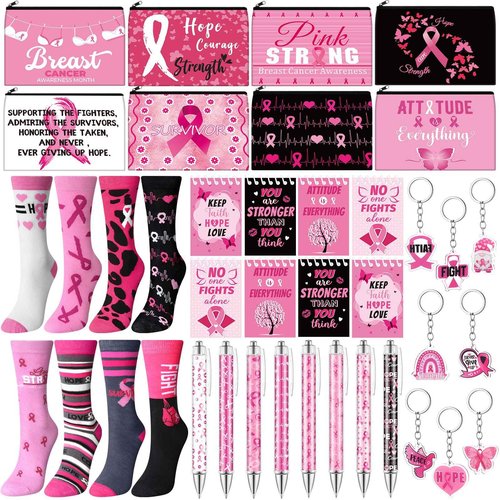 Dansydaisy 32 Pcs Breast Cancer Awareness Gifts Set Makeup Bags Bulk Pink Ribbon Socks Holiday to Do List Notepad Ballpoint Pens Keychain Breast Cancer Awareness Party Gifts