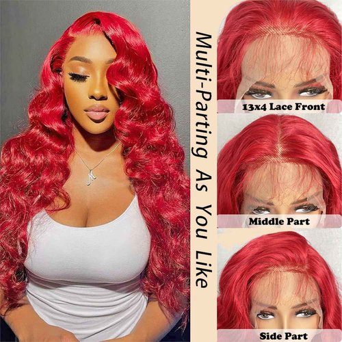SOKU Red 13x6 Lace Frontal Wig 32 Inch Long Body Wave Pre Plucked with Baby Hair Glueless Transparent Swiss Lace Heat Resistant Synthetic Lace Front Wigs for Women Christmas Gift