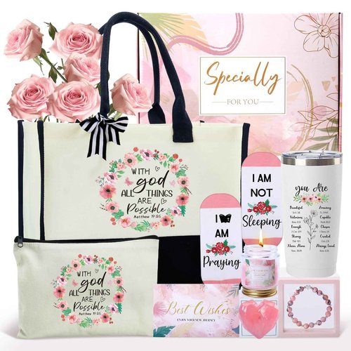 IANFEPH Christian Gifts for Women Faith Inspirational Religious Gifts Baskets for Mother Friends Grandma Encourage Bible Baptism Set with Canvas Tote Bag Socks Tumbler