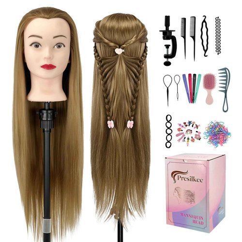 Presilkee 28" Cosmetology Mannequin Head With Hair - Doll Head For Hair Styling | wig Mannequin Head For Braiding, Cutting & Styling Practice | Includes Free Wig Stand & Hair Tools Set (Golden)