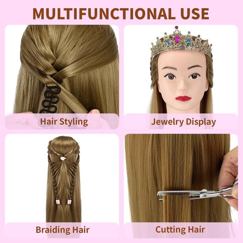 Presilkee 28" Cosmetology Mannequin Head With Hair - Doll Head For Hair Styling | wig Mannequin Head For Braiding, Cutting & Styling Practice | Includes Free Wig Stand & Hair Tools Set (Golden)