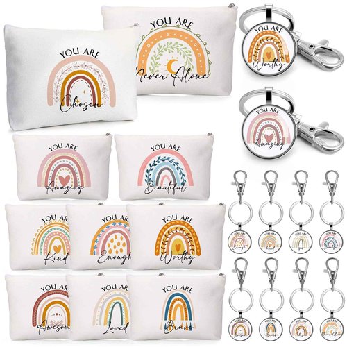 Sieral 20 Pcs Bulk Inspirational Gifts for Women Canvas Makeup Bags Cosmetic Bag Toiletry Pouch with Keychain Appreciation Return Gifts for Girls Employee Nurse Teacher Friend Birthday(Rainbow)