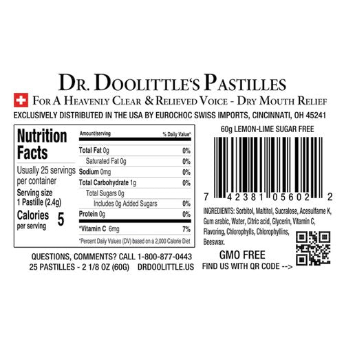 Dr. Doolittle’s Sugar Free Soft Fruit Pastilles for Voice and Throat, Lemon Lime Flavor, 2.12 Ounce Tin, Approximately 25 Count Package, 6 Pack