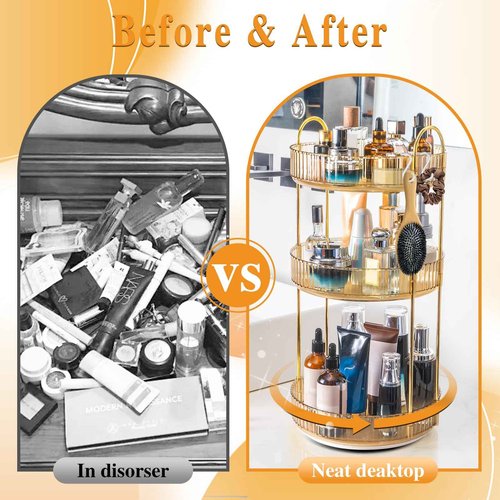 Megapuxin Makeup Organizer for Vanity,360° Rotating Large Skincare Make Up Storage Perfume Organizers Cosmetic Dresser Organizer Countertop Organizer with Extra Hooks DIY Stickers for Bathroom