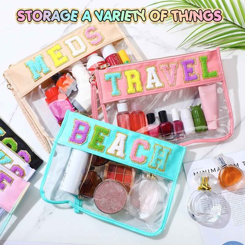 Abbylike 6 Pcs Chenille Letter Clear Zipper Pouch Summer Waterproof Cosmetic Pouch Travel Gym Beach Hawaii Bag Travel Patch Purse Makeup Letter Bag for Women Girls, 6 Colors(Charming Colors,Stylish)