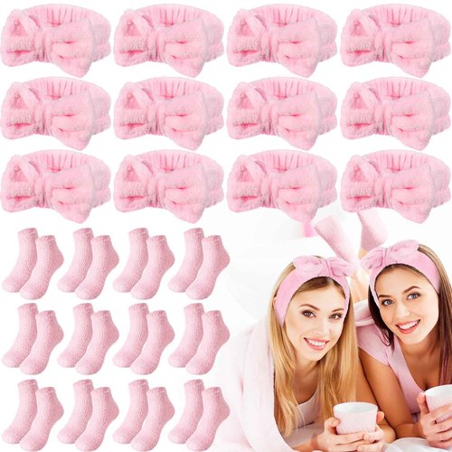 Shyyween 24 Pcs Pink Spa Party Favors Sleepover Party Supplies for Girls Include 12 Spa Headband, 12 Fuzzy Socks for Slumber, Bachelorette, Pajama Gift
