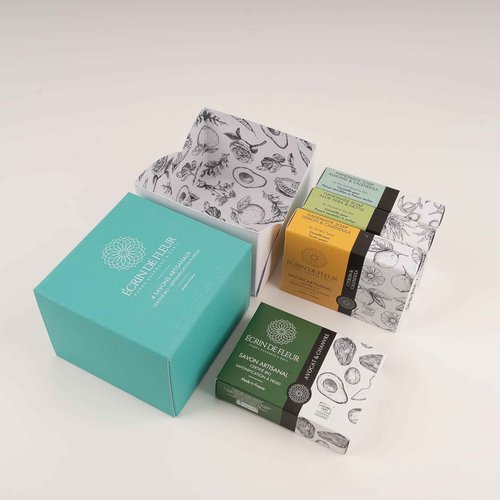 ÉCRIN DE FLEUR - Hand crafted Organic Soap 4-pack (Aloe Vera & Nettle 3.2 oz, Avocado & Hemp 3.2 oz, Almond & Calendula 3.2 oz, Lemon & Calendula Flowers3.2 oz)