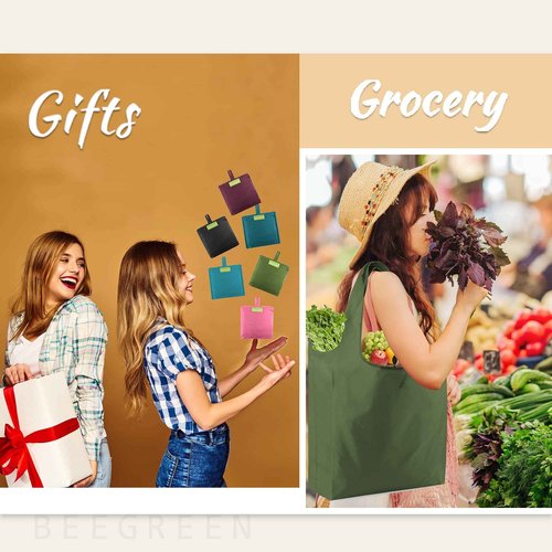 BeeGreen Colorful Kitchen Reusable Grocery Bags - Heavy Duty Foldable Polyester Shopping Bag With Handles, Bulk Travel Tote Bag with Pockets for Women Cloth Reusable Gift Bags