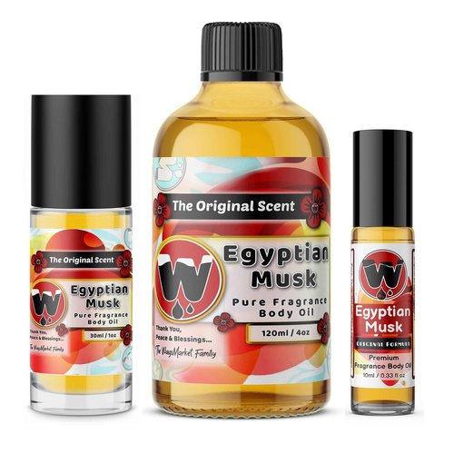 WagsMarket - Egyptian Musk Oil Family Pack (0.33oz Roll On, 1oz Roll On and 4oz Glass Bottle)