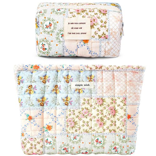 Sminra 2 Pieces Floral Makeup Bag, Cute Travel Quilted Pouch Cosmetic Bag Organizer, Small Cotton Coquette Aesthetic Purse Toiletry Bag for Women Girls accessories (Blue Flower-2PCS)